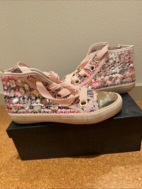 Ash Vanessa High Top Sneakers Pink Tweed Embellished Crystals Gold-Toned Metal